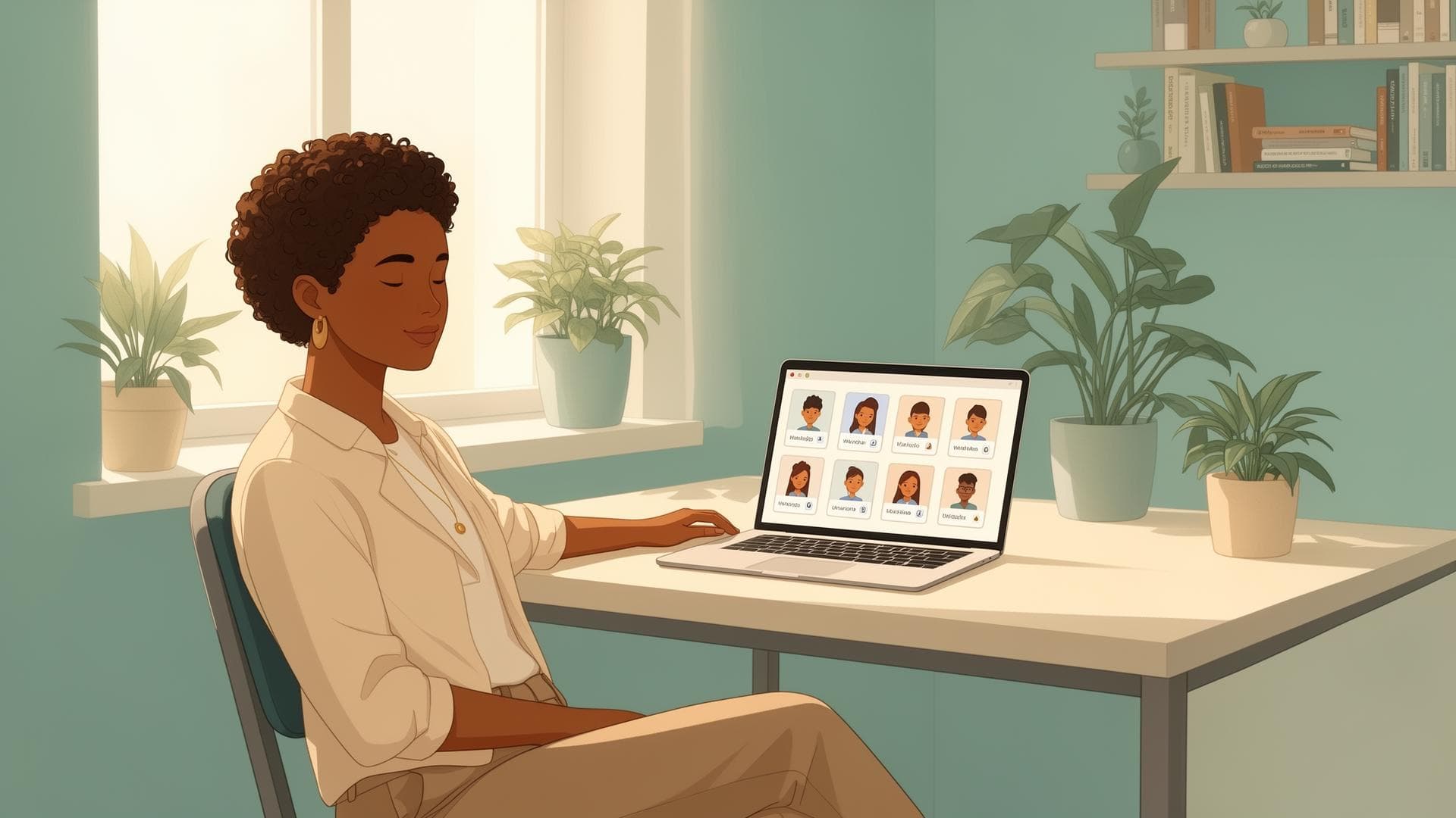 Professora relaxada usando o Observare para acompanhar seus alunos