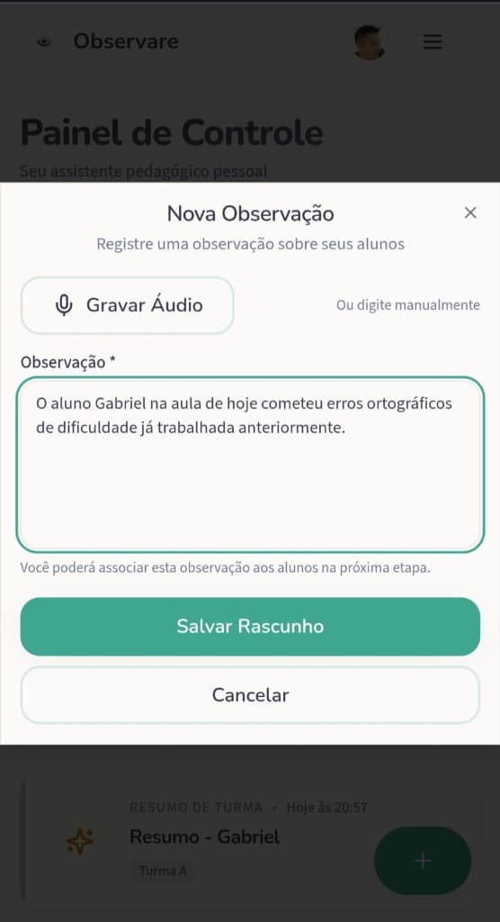 Interface de registro de observação