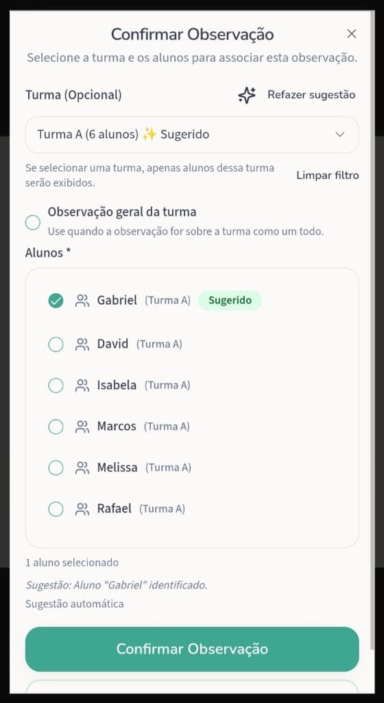 Interface de confirmação e associação de alunos